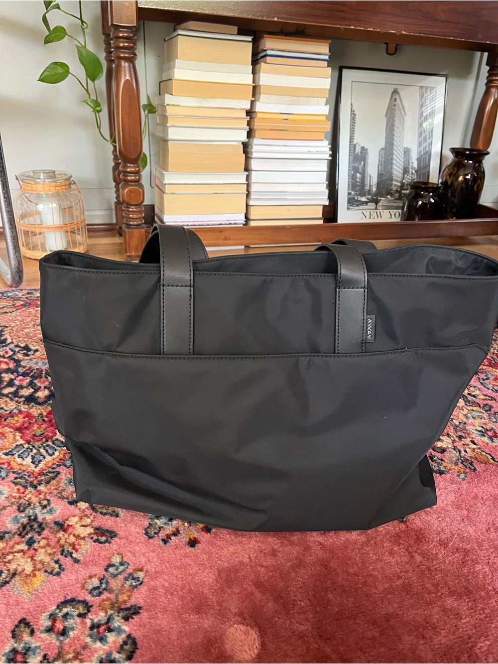 Away Black Nylon Tote Bag with Leather Handles